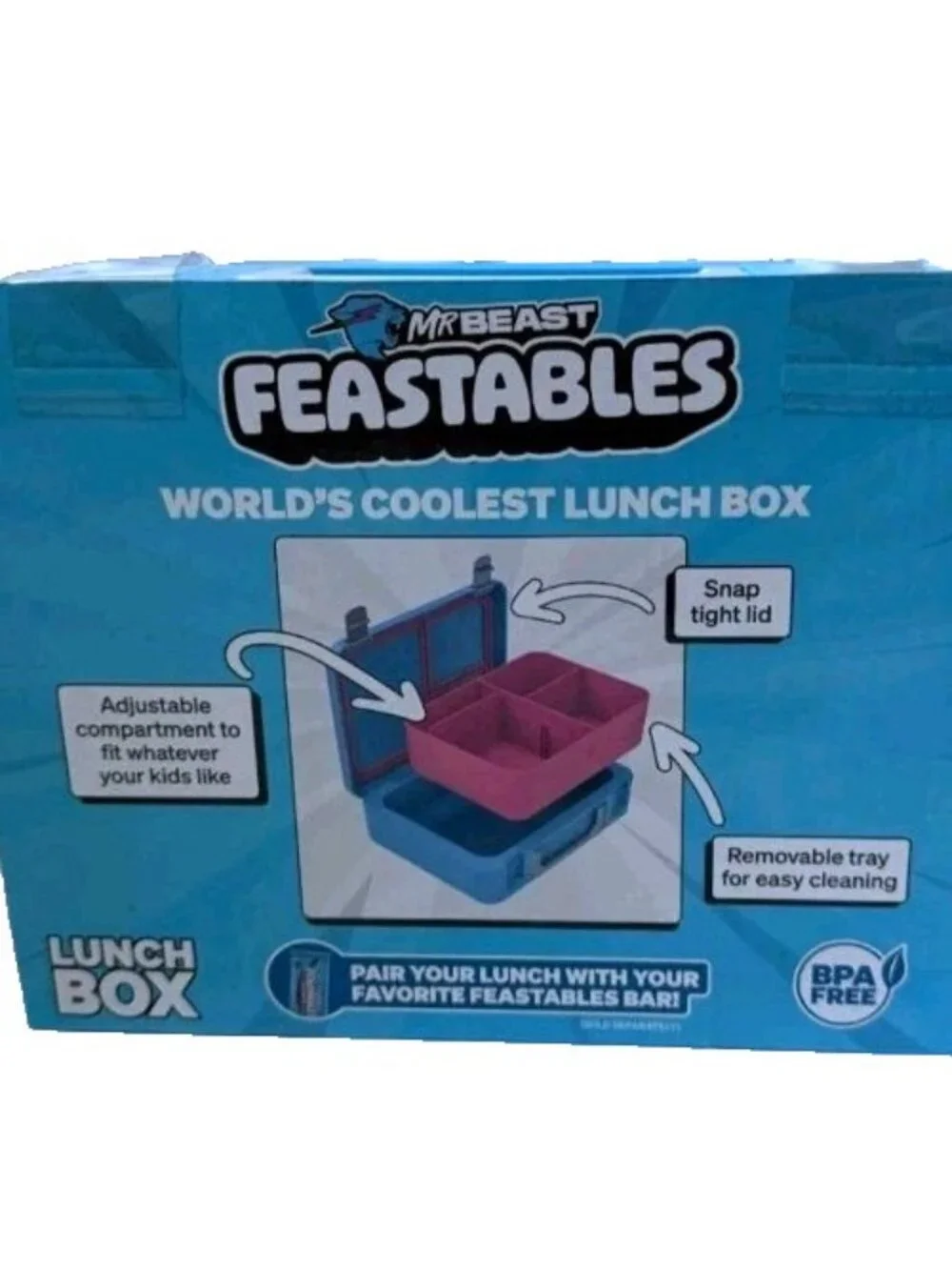 Mr. Beast Feastables Blue Plastic Lunch Box Handle Removable Tray Snap Tight Lid